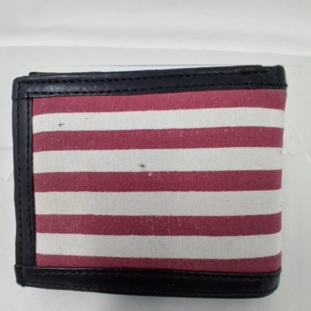 American Flag Bifold Wallet Black Leather Trim Canvas Stars Stripes Americana